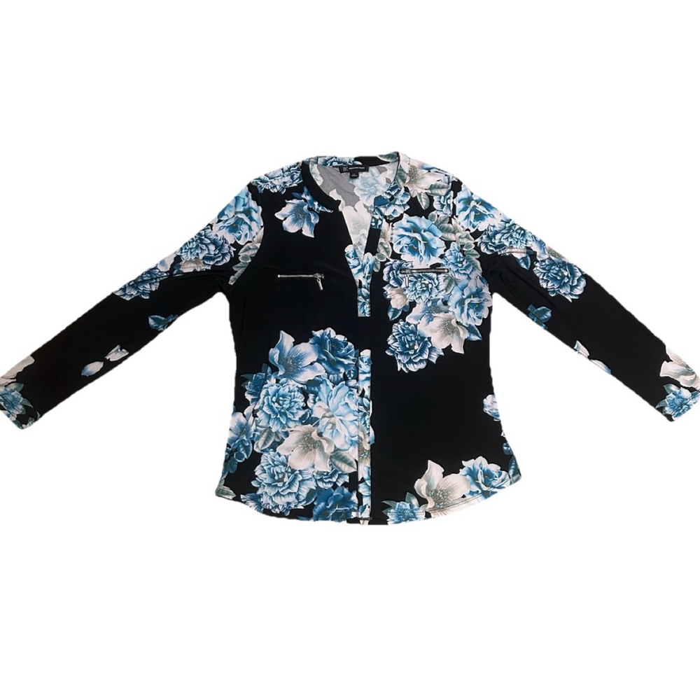 Women's INC Floral Print V Neck Blouse Top Size L Black Blue
